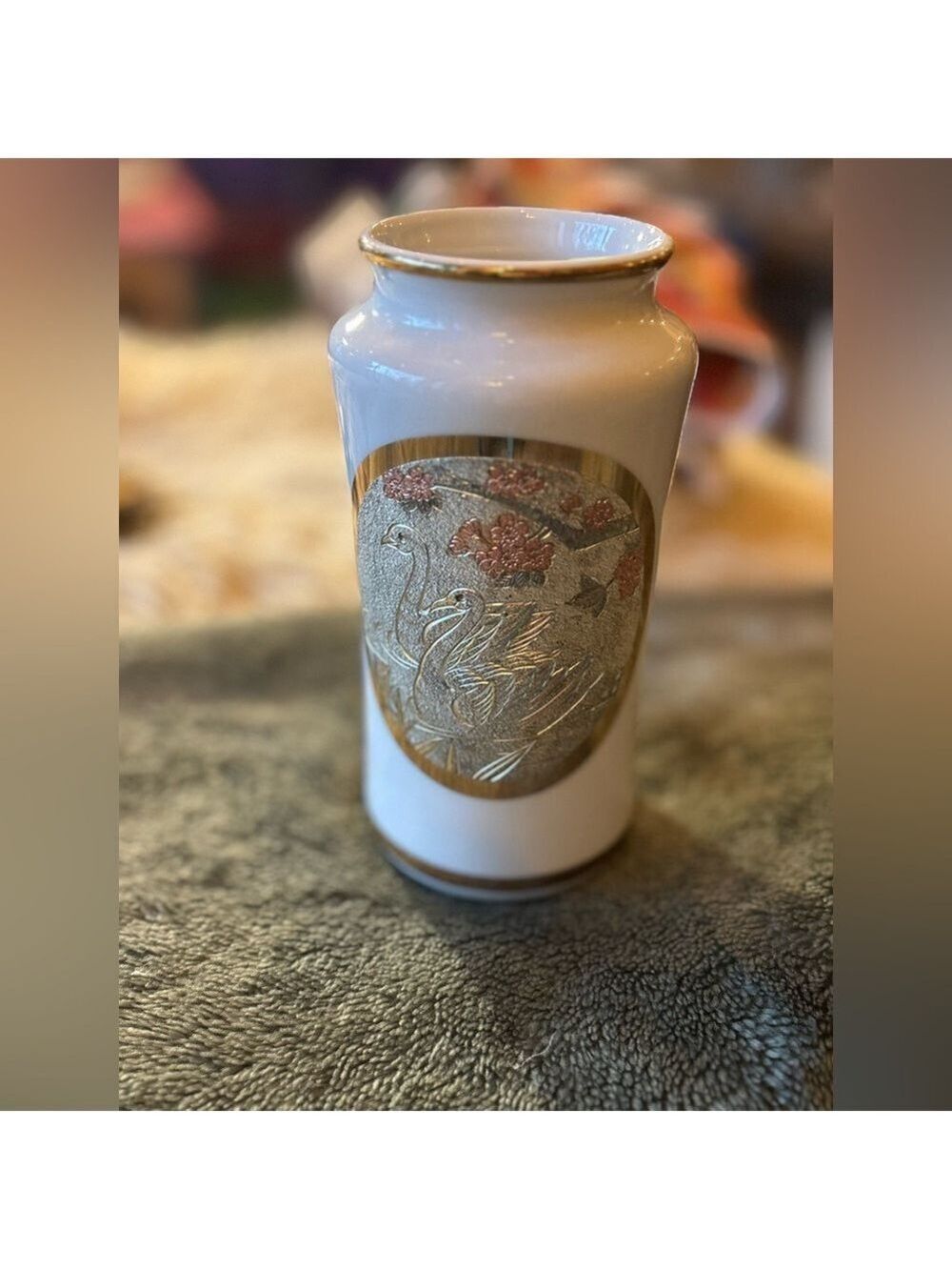 VINTAGE Japanese Chokin Art Vase • 24K Gold Swan Relief • Porcelain • EUC - Picture 12 of 15